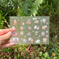 A hand holds a rectangular sticker sheet featuring cute cartoon cat illustrations against a blurred green outdoor background.